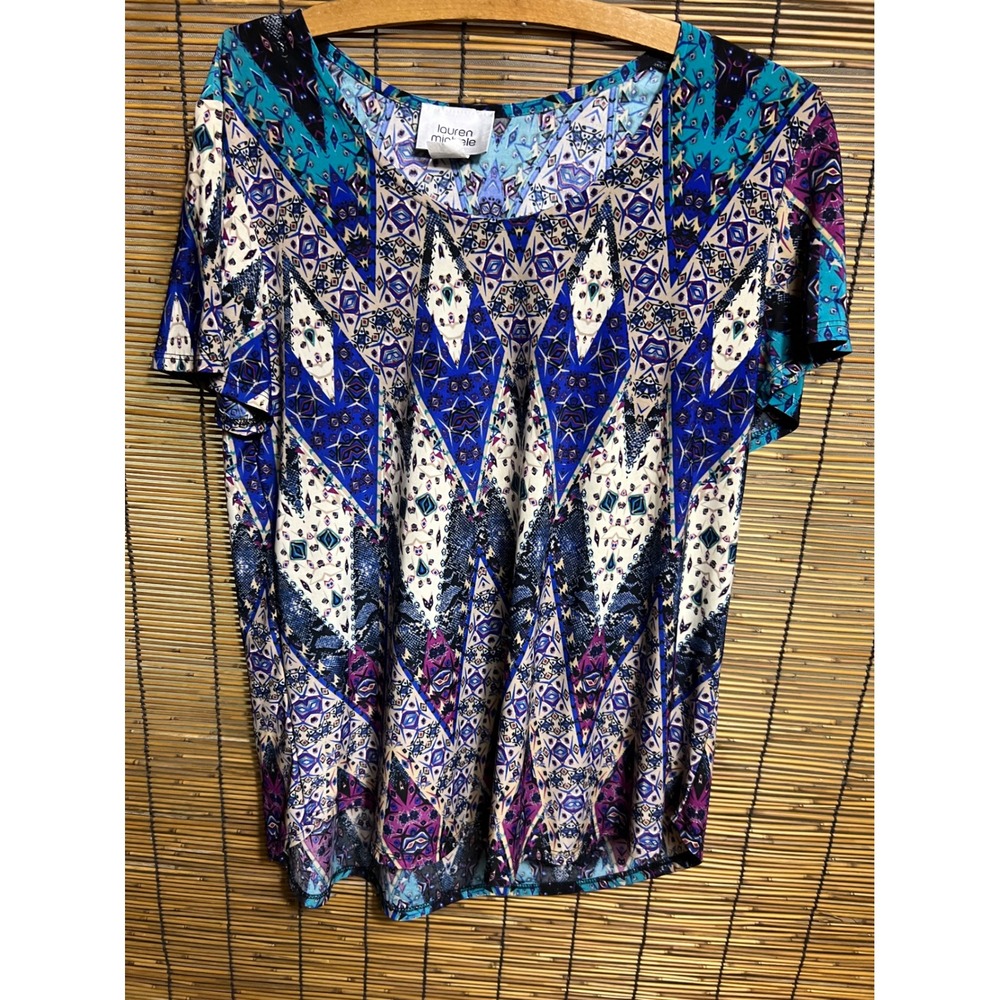 Lauren Michele Petites Blue Geometric Diamond Print Short Sleeve Top Blouse